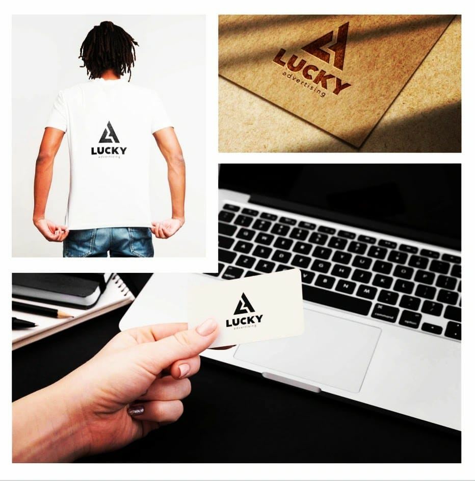 Lucky Advertising brand identity mockup — logo, t-shirt & visiting card