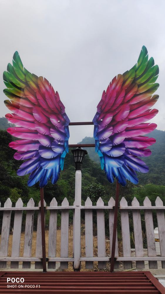 Large format printed decorative angel wings photo-point installation